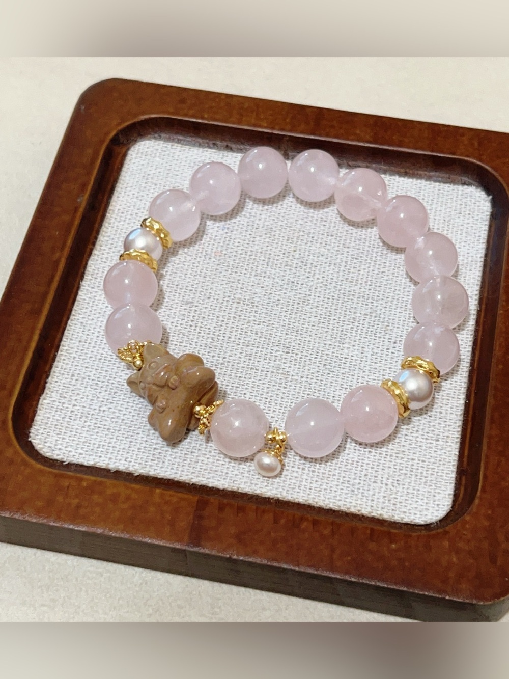 Cute Puppy & Bone  AlashanAgate Charm Handmade Natural Rose Quartz Bracelet 11mm